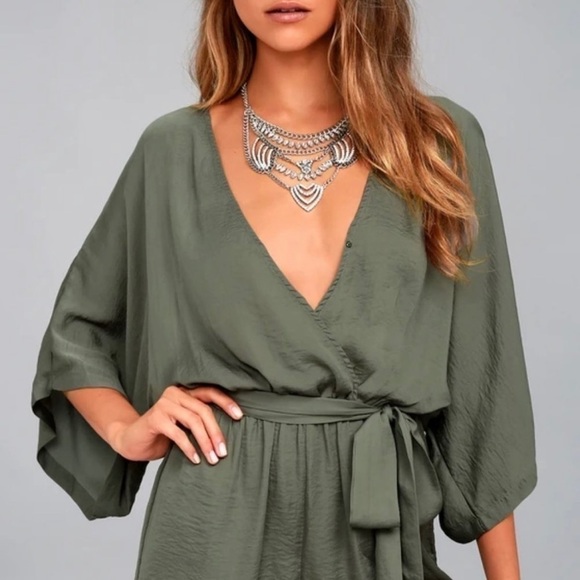 Lulus Satin Silky olive green Romper​​​​​​​​​​​​​​​​​​​​​​​​​​​​ - Picture 2 of 8